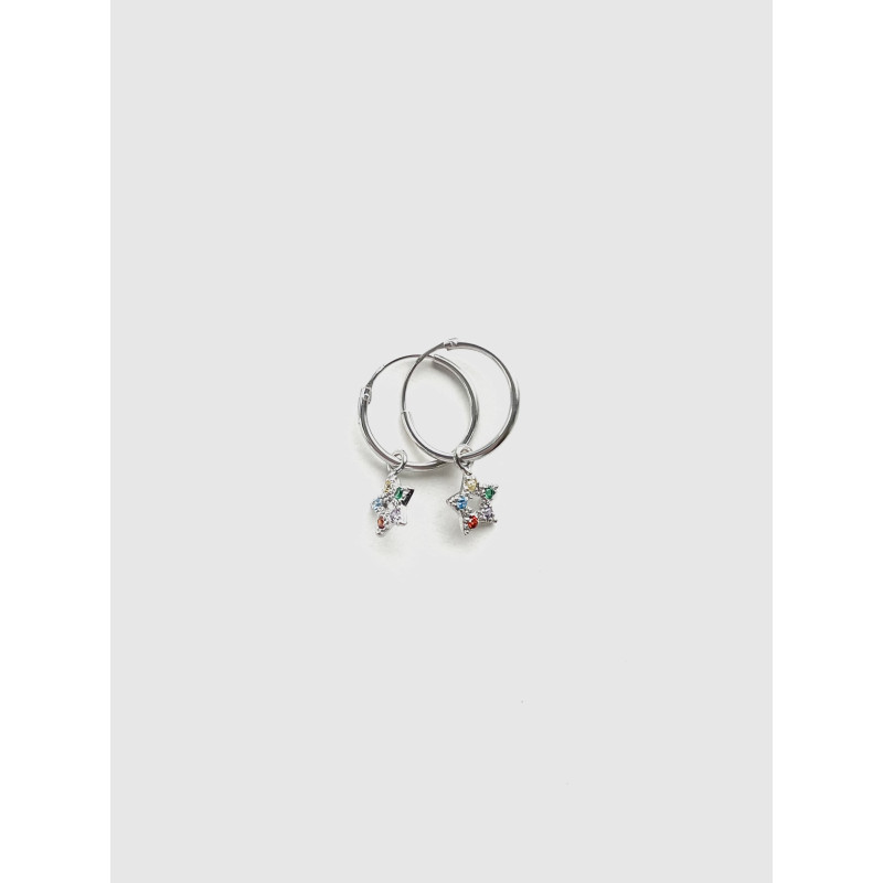 Silver hoops with star pendant with emerald and ruby ​​zircons